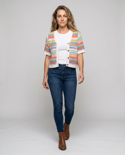 Damen gestrickte Kurzjacke mit farbenfrohen Streifen R&B