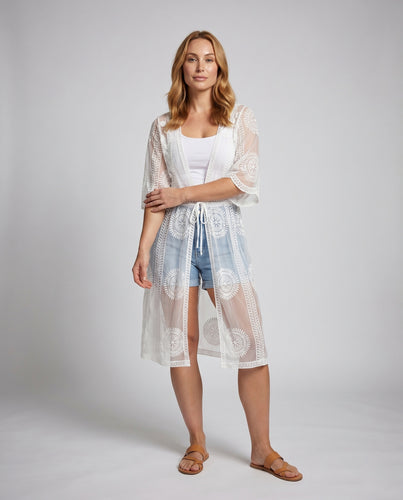 Damen transparente Häkelrobe mit elegantem floralen Design R&B
