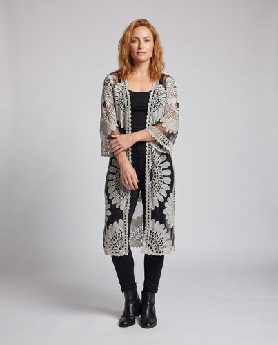 Damen transparenter Strandkimono mit kunstvollen Stickereien R&B