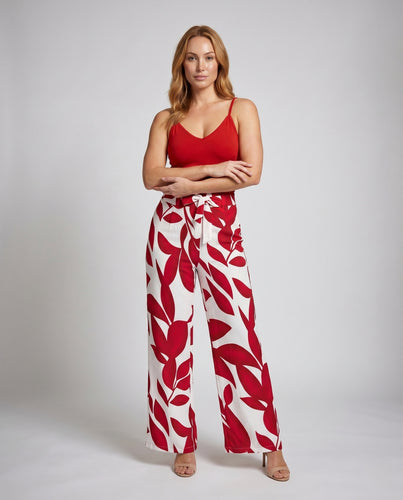 Damen elegante Palazzohose mit floralem Muster und Taillengürtel R&B