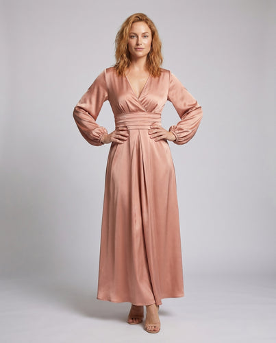 Damen elegantes Maxi-Kleid mit Wickeloptik und Taillengürtel R&B