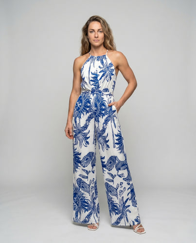Damen Jumpsuit mit floralem Print und weitem Bein R&B