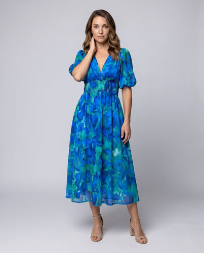Damen Maxikleid mit elastischem Taillenband und voluminösen Ärmeln R&B