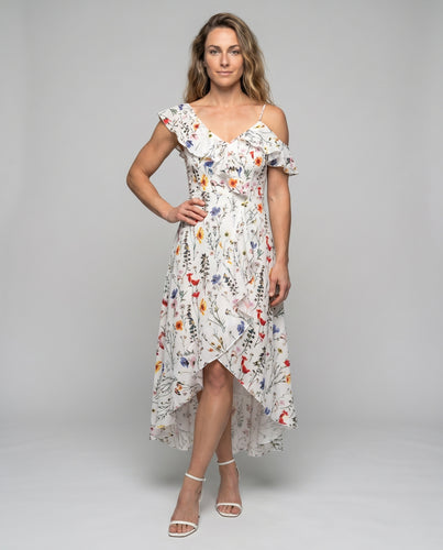 Damen Maxikleid mit schulterfreien Rüschen und floralen Akzenten R&B