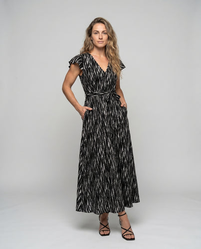 Damen maxikleid mit V-Ausschnitt und dekorativem Gürtel R&B