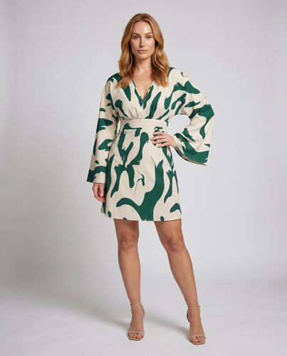 Damen modernes Wickelkleid mit weiten Ärmeln und floralem Design R&B