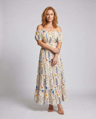 Damen Off-Shoulder Maxikleid mit floralem Druck und Cut-Out Design R&B