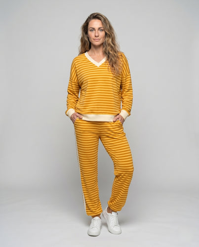 Damen Sportliches Loungewear-Set mit V-Ausschnitt und Streifen R&B
