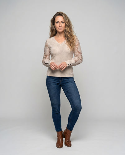 Damen V-Ausschnitt Strickpullover mit floralen Spitzenärmeln R&B