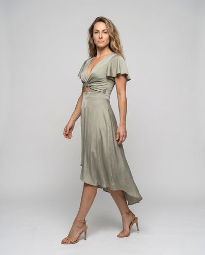 Damen elegantes Wickelkleid mit asymmetrischem Saum und femininen Ärmeln R&B