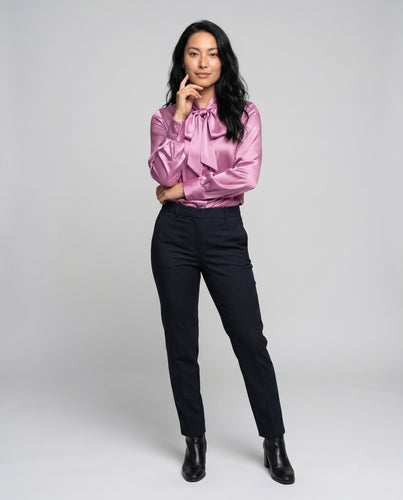 Damen elegante Satinbluse mit Schleifenkragen R&B