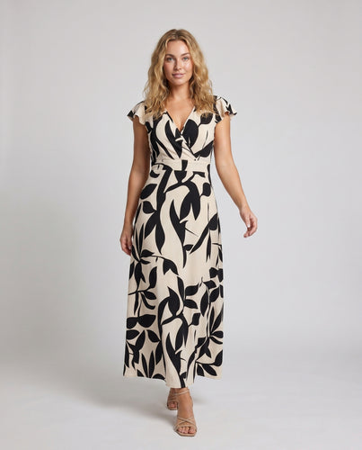 Damen Maxikleid mit elegantem Blumendesign und tiefem V-Ausschnitt R&B