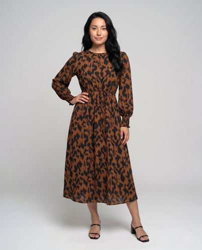 Damen Maxikleid mit elegantem Leopardenmuster und elastischem Taillenband R&B