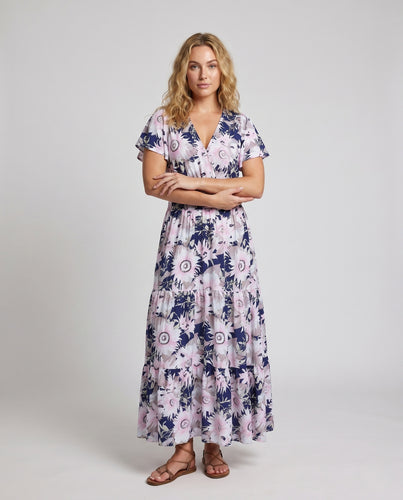 Damen Maxikleid mit floralem V-Ausschnitt und voluminösen Ärmeln R&B
