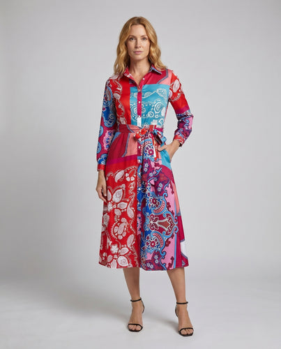 Damen Maxikleid mit modernem Paisleymuster und bindbarem Taillengürtel R&B