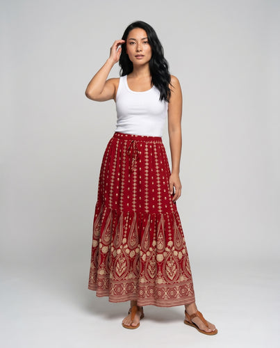 Damen Maxirock mit Boho-Muster und elastischem Bund R&B