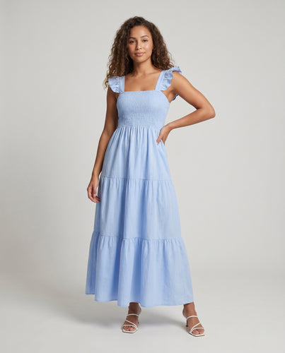 Damen Sommerliches Maxikleid mit Rüschenärmeln und elastischem Oberteil R&B