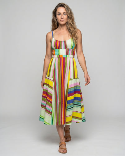 Damen Trägerkleid mit buntem Streifenmuster und praktischen Taschen R&B