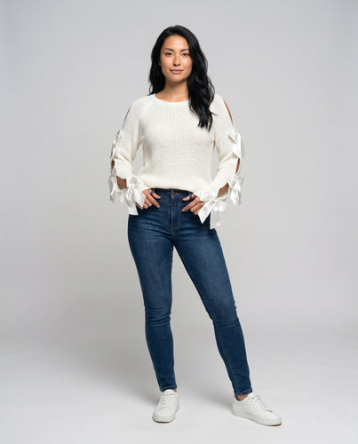 Damen modischer Strickpullover mit Cut-Outs und Schleifen R&B