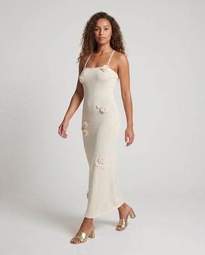 Damen Elegantes Strick-Maxikleid mit floralen Applikationen R&B