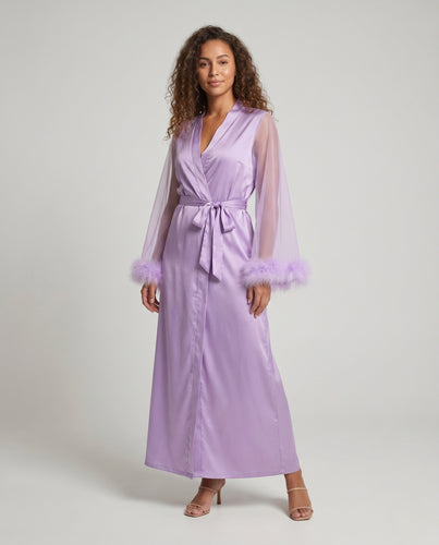 Damen luxuriöser Satin Morgenmantel mit eleganten Fuchsfellärmeln R&B