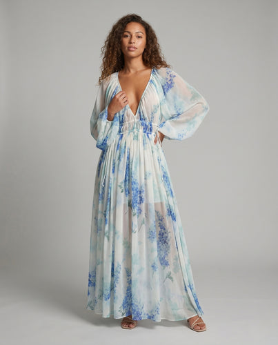 Damen Maxi-Kleid mit floralem Muster und taillierbarem Bindeband R&B