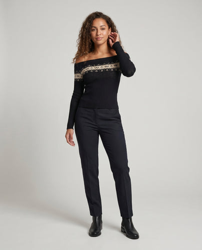 Damen nan Carmen-Ausschnitt Strickpullover mit Norweger-Jacquard und taillierter Rippstruktur R&B