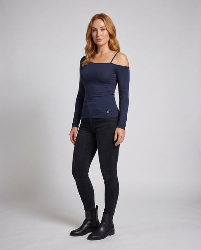 Damen nan einseitiges schulterfreies Langarmshirt mit Spaghettiträger und figurnaher Silhouette R&B