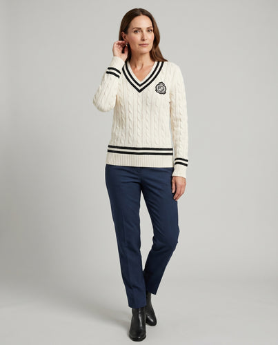 Damen nan eleganter Strickpullover im Tennis-Stil mit Zopfmuster und V-Ausschnitt R&B