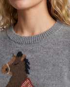 Damen nan Feinstrickpullover mit Pferdeintarsie, Rundhalsausschnitt und geripptem Saum R&B