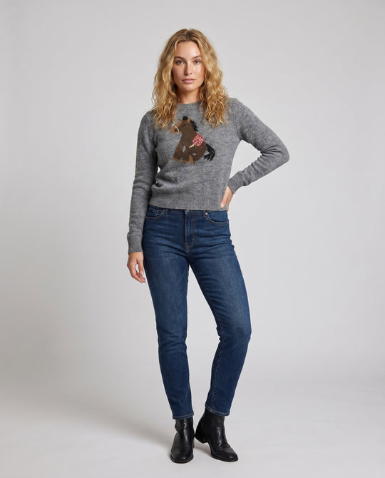 Damen nan Feinstrickpullover mit Pferdeintarsie, Rundhalsausschnitt und geripptem Saum R&B