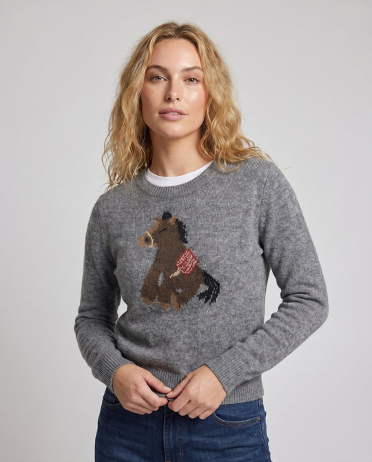 Damen nan Feinstrickpullover mit Pferdeintarsie, Rundhalsausschnitt und geripptem Saum R&B