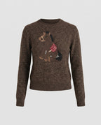 Damen nan Feinstrickpullover mit Pferdeintarsie, Rundhalsausschnitt und geripptem Saum R&B