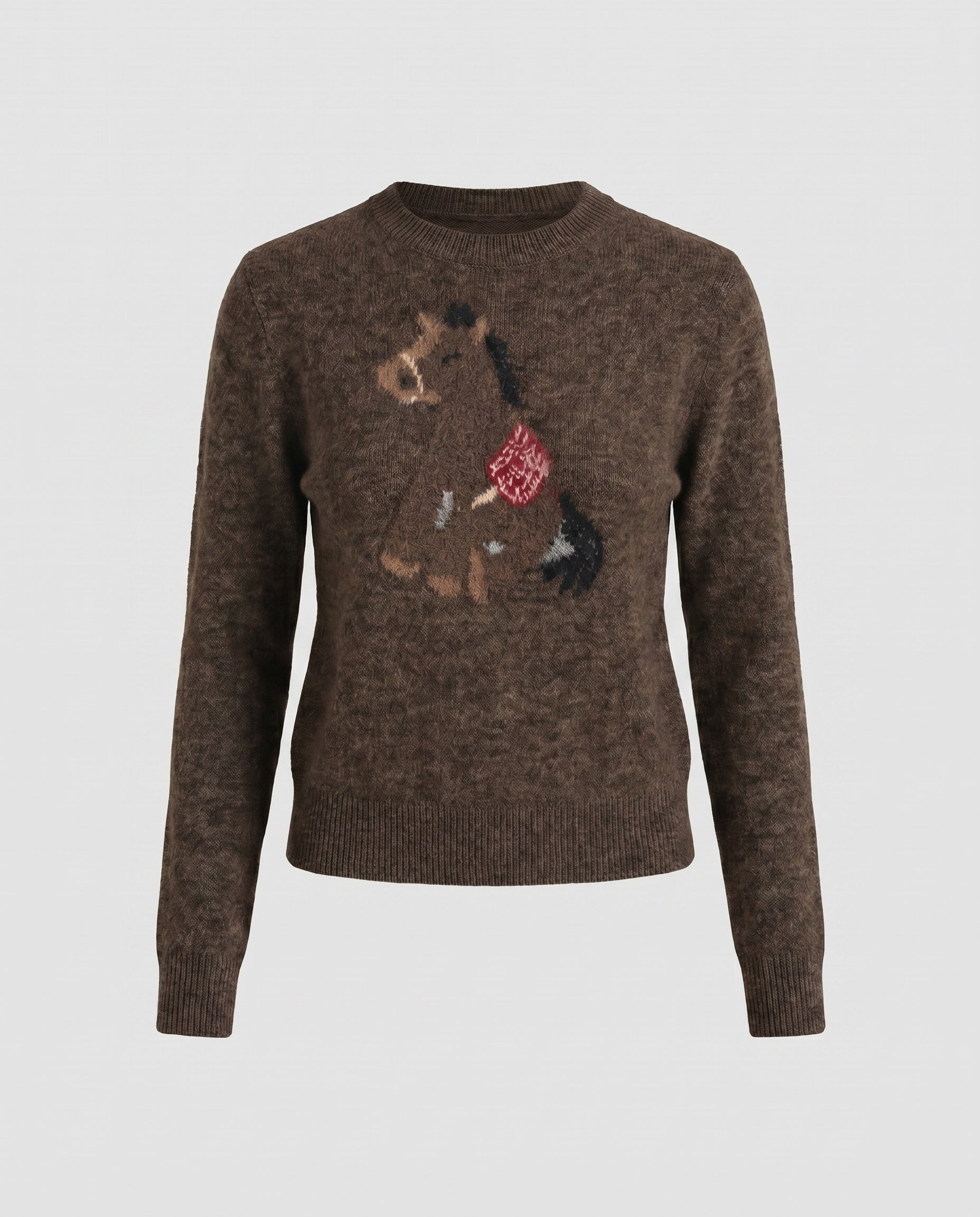 Damen nan Feinstrickpullover mit Pferdeintarsie, Rundhalsausschnitt und geripptem Saum R&B