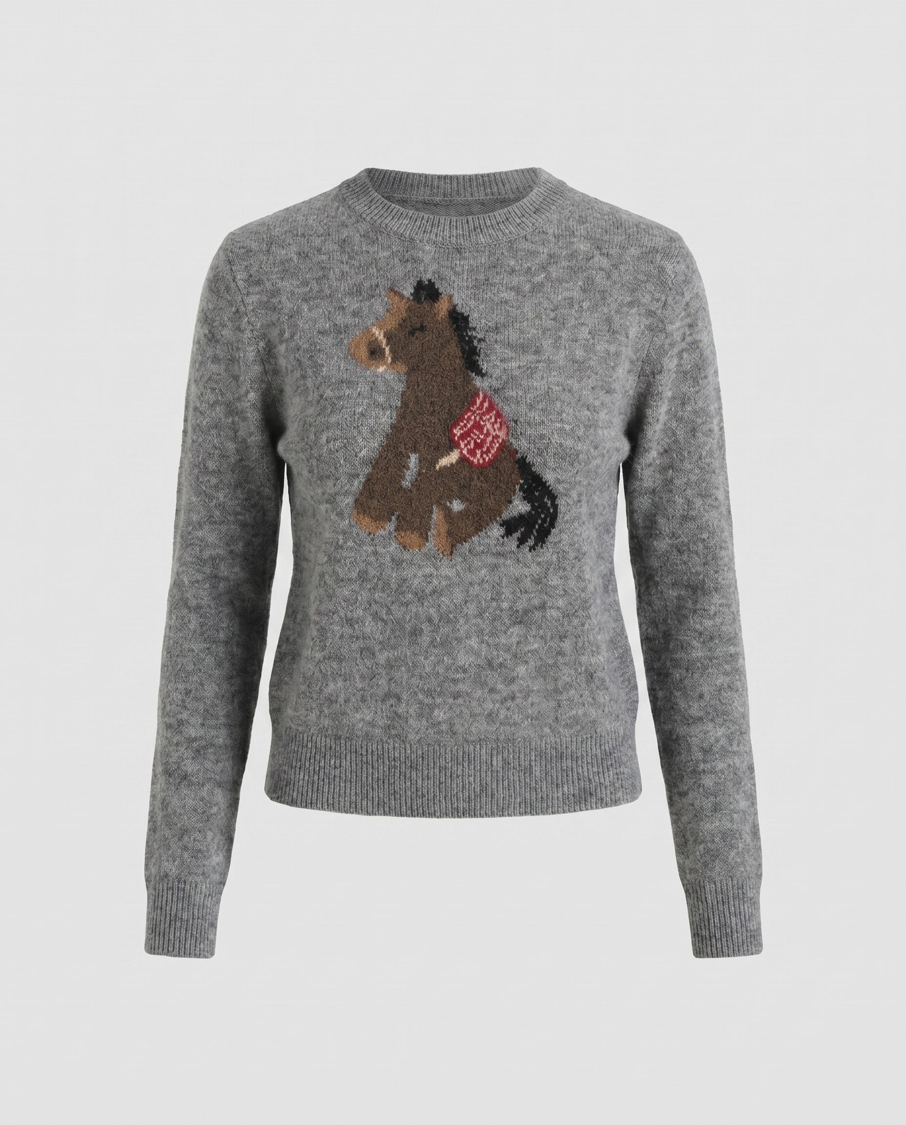 Damen nan Feinstrickpullover mit Pferdeintarsie, Rundhalsausschnitt und geripptem Saum R&B
