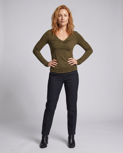 Damen nan feminines Langarmshirt mit gedrehtem Vorderknoten, Empire-Naht und seitlicher Plissierung R&B