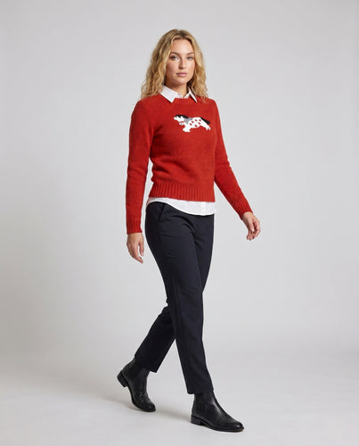 Damen nan figurbetonter Rundhals-Pullover mit Jacquard-Hundmotiv und Rippbündchen aus Wollmix R&B