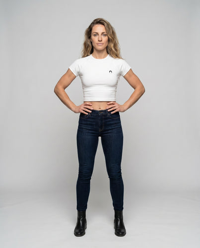 Damen nan figurbetontes kurzgeschnittenes T-Shirt mit Rundhalsausschnitt und minimalistischer Halbmond-Stickerei R&B