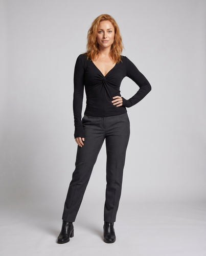 Damen nan figurbetontes V-Ausschnitt Langarmshirt mit Mesh-Einsatz und Knotenrüsche R&B