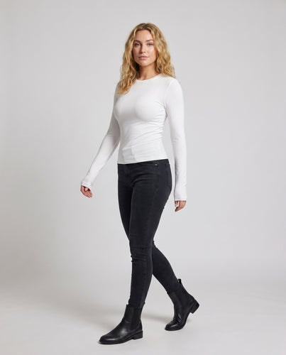Damen nan hoch elastisches tailliertes Langarmtop mit Rundhalsausschnitt, verlängerten Manschetten und Daumenloch R&B