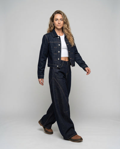 Damen nan hochgeschnittene extraweite Jeanshose mit markanten Ziernähten und weitem Hosenbein R&B