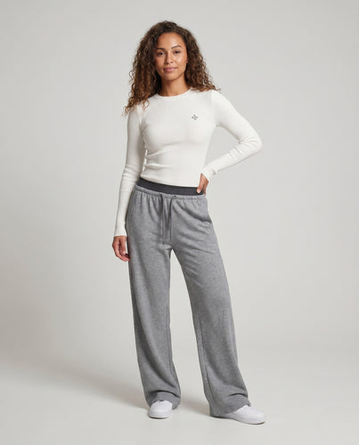 Damen nan hochgeschnittene Palazzo-Loungehose aus schwerem Sweatstoff mit breitem Rippenbund und Kordelzug R&B