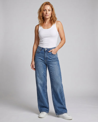 Damen nan hochgeschnittene weite Palazzohose aus Denim mit Fünf-Taschen-Design und dekorativen Ziernähten R&B