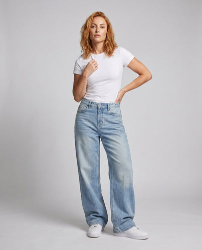 Damen nan hochtaillierte extraweite Denim-Palazzohose mit cleanem Frontabschluss R&B