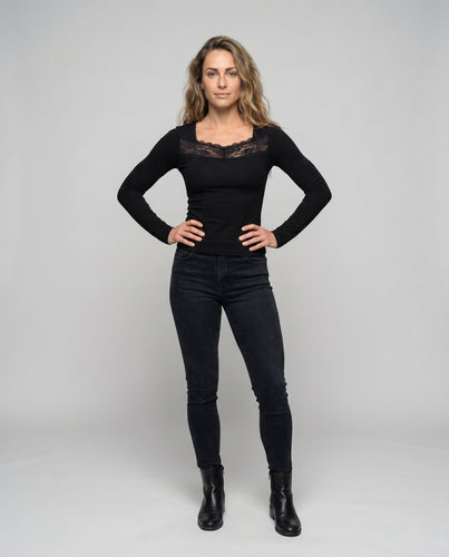 Damen nan körpernahes Langarm-Layering-Top mit quadratischem Spitzenpanel und Stretch-Ripp R&B