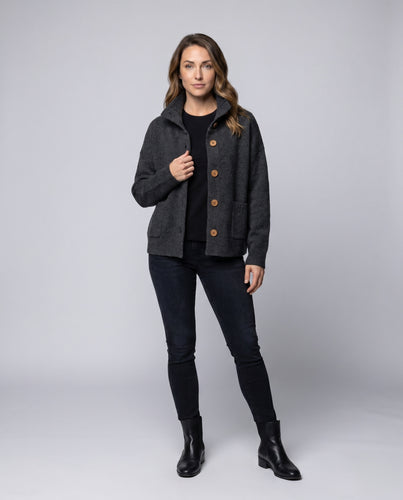 Damen nan kurzer Wollmix-Mantel mit Stehkragen, Holzknopf-Leiste und taillierter Silhouette R&B