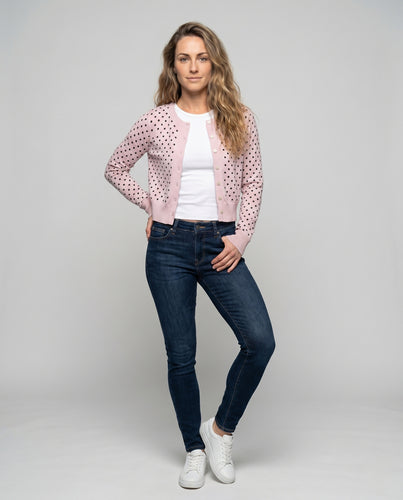 Damen nan kurzgeschnittene gepunktete Feinstrick-Cardigan mit Rundhals, Knopfleiste und geripptem Saum R&B