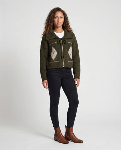 Damen nan leicht verkürzter Mohair-Mix-Cardigan mit Reißverschluss, Bindekragen und Rautenintarsien R&B