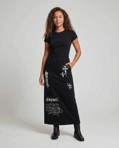 Damen nan Maxirock mit Tunnelzugbund, seitlichem Bindeband und großflächigem Kreuz- und Scriptprint R&B