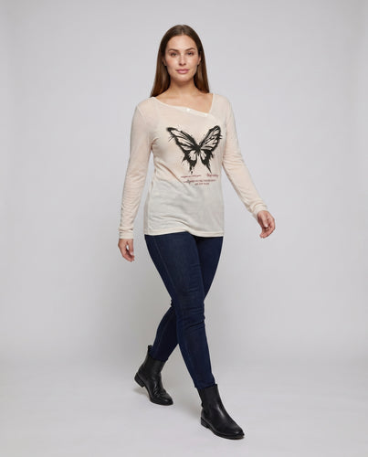 Damen nan Oversize-Feinstrickshirt mit asymmetrischem Off-Shoulder, Knopfleiste und Schmetterlingsprint R&B